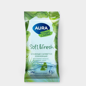 Влажные салфетки «Aura» Tropic Cocktail с антибактериальном эффектом, 15 шт