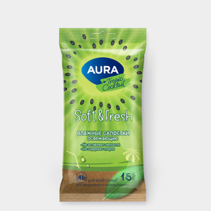 Влажные салфетки «Aura» Tropic Cocktail с антибактериальном эффектом, 15 шт