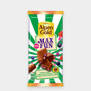 Шоколад молочный «АлпенГолд MaxFun» c фруктово-ягодными кусочками, с шипучими рисовыми шариками, кусочками карамели и взрывной карамелью, 140 г Шоколад молочный «АлпенГолд MaxFun» c фруктово-ягодными кусочками, с шипучими рисовыми шариками, кусочками карамели и взрывной карамелью, 140 г