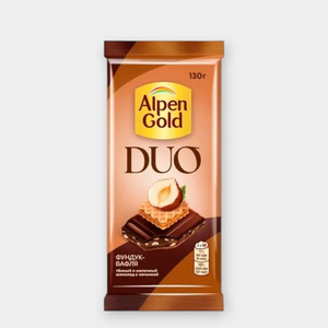 Темный и молочный шоколад «Alpen Gold DUO» Фундук-вафля, 130 г Темный и молочный шоколад «Alpen Gold DUO» Фундук-вафля, 130 г