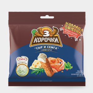 Сухарики «3 Корочки» со вкусом семги с сыром и соусом тартар Calve, 80 г Сухарики «3 Корочки» со вкусом семги с сыром и соусом тартар Calve, 80 г