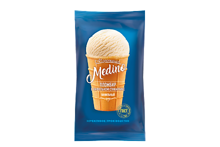 Мороженое «Medino» ванильный пломбир в вафельном стаканчике, 70 г