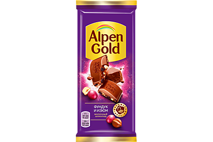 Молочный шоколад «Alpen Gold» фундук и изюм, 85 г