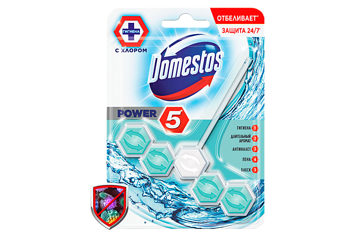Блок для очищения унитаза «Domestos Power 5» с хлором «Кристальная чистота»
