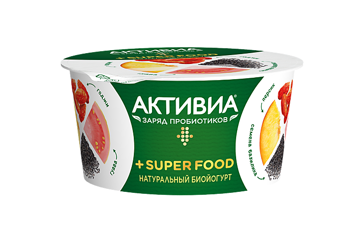 Йогурт «Активиа» Super Food с персиком, гуавой, ягодами годжи и семенами базилика, 140 г