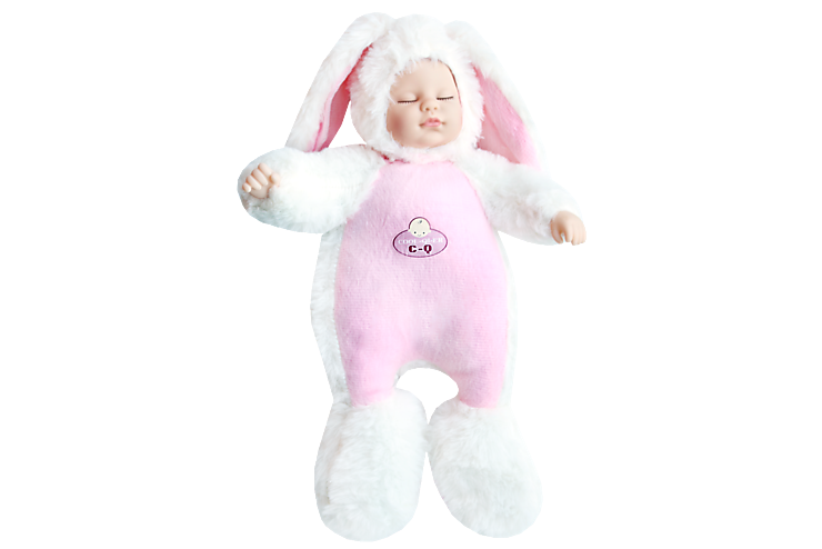Спящий мальчик-зайчик в бело-розовой/бежево-коричневой шубке, 30 см