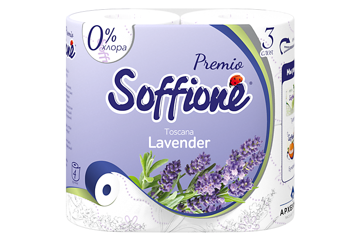 Туалетная бумага трехслойная «Soffione» Premio lavender, 4 рулона