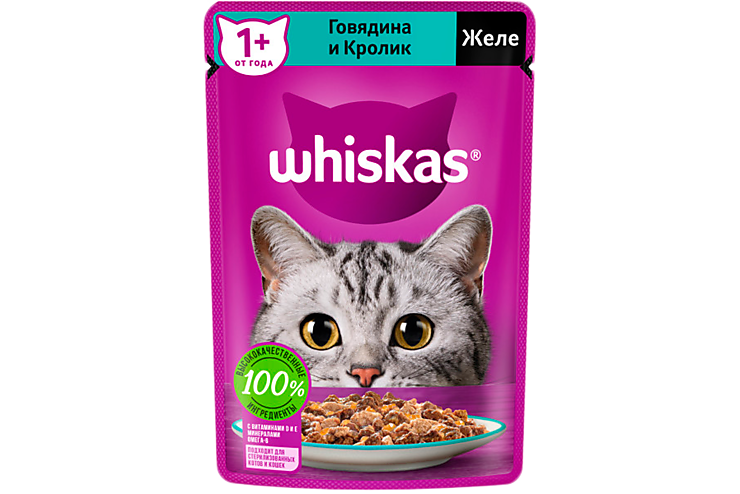 Влажный корм для кошек «Whiskas» желе с говядиной и кроликом, 75 г