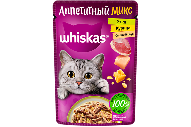 Влажный корм для кошек «Whiskas» с курицей и уткой в сырном соусе, 75 г