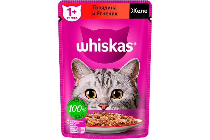 Влажный корм для кошек «Whiskas» Желе с говядиной и ягненком, 85 г