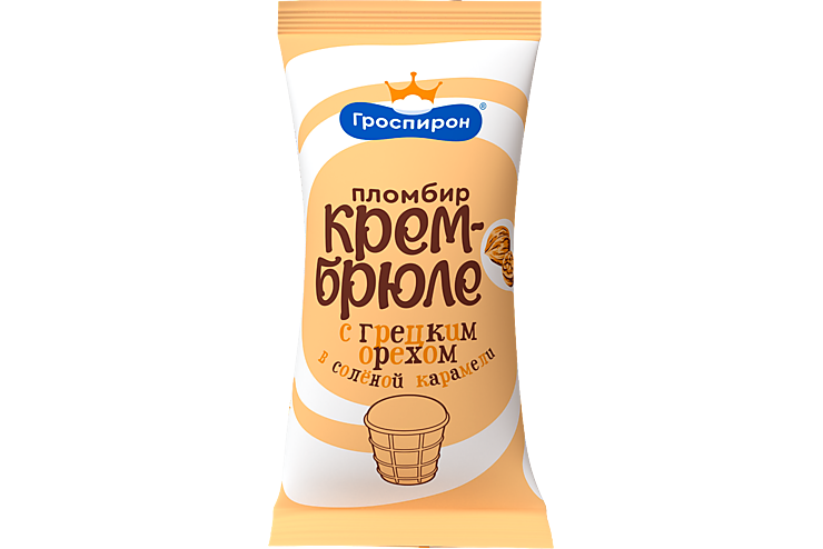 Мороженое «ООО ФМ "Гроспирон"» пломбир крем-брюле с грецким орехом, 85 г Мороженое «ООО ФМ "Гроспирон"» пломбир крем-брюле с грецким орехом, 85 г