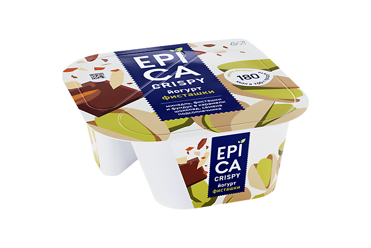 Йогурт 10.5% «Epica» Crispy с фисташками и смесью из семян подсолнечника, орехов и темного шоколада, 140 г