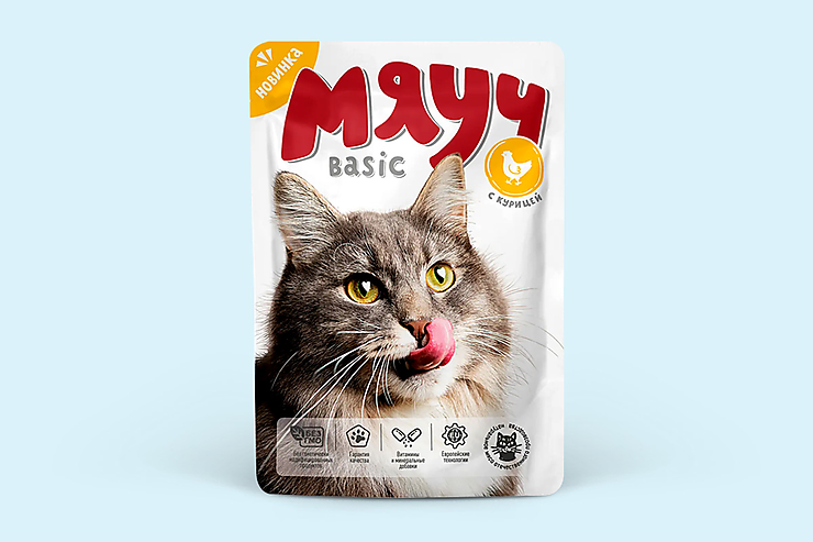 Влажный корм для кошек «Мяуч Basic» кусочки в соусе с курицей, 85 г
