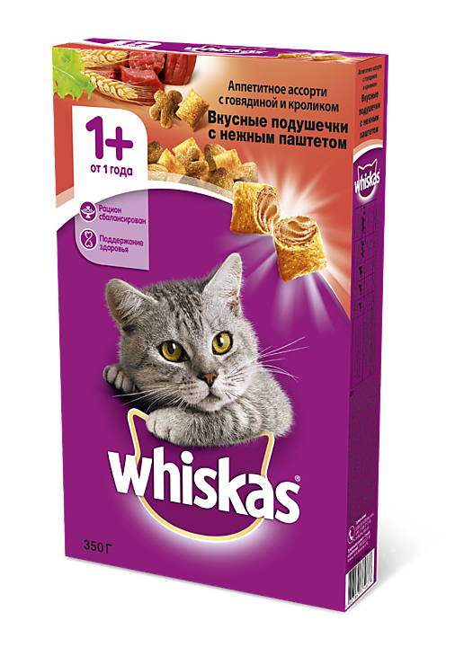 Сухой корм для кошек «Whiskas» подушечки с говядиной и кроликом, 350 г –  купить по приятной цене с доставкой на дом в интернет-магазине Ярче Плюс