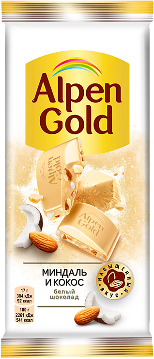 Белый шоколад «Alpen Gold» миндаль и кокос, 85 г – купить по приятной ...