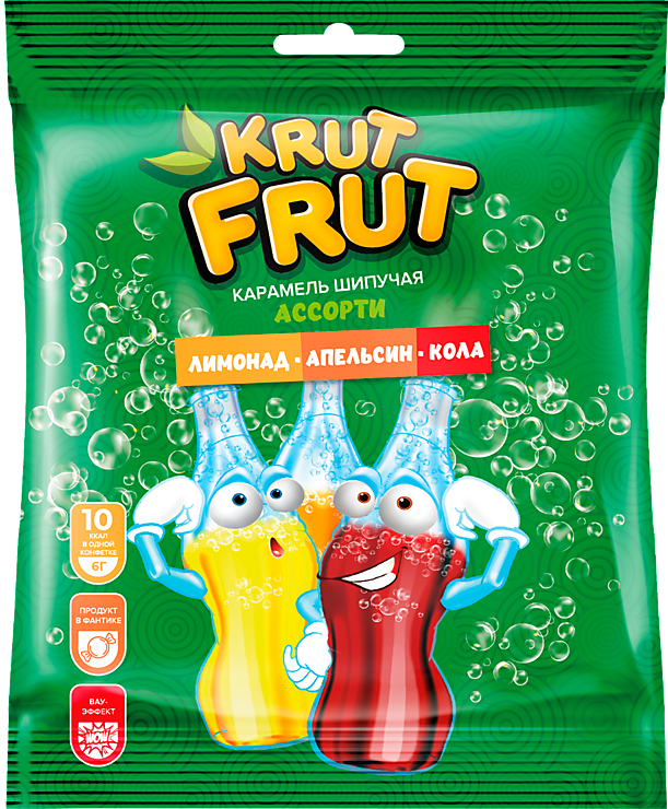 Карамель «КрутФрут» с шипучей начинкой кола, апельсин, лимон, 90 г ...