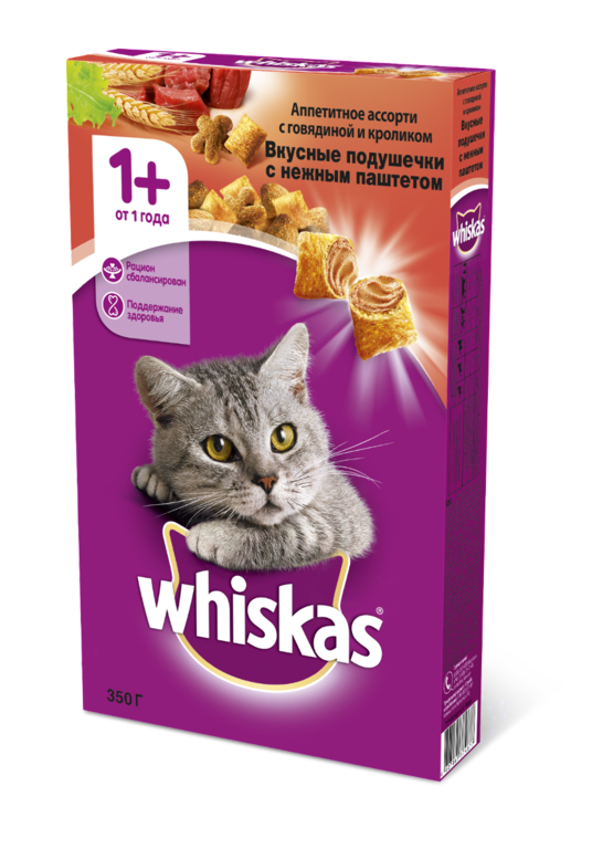 Сухой корм для кошек «Whiskas» подушечки с говядиной и кроликом, 350 г