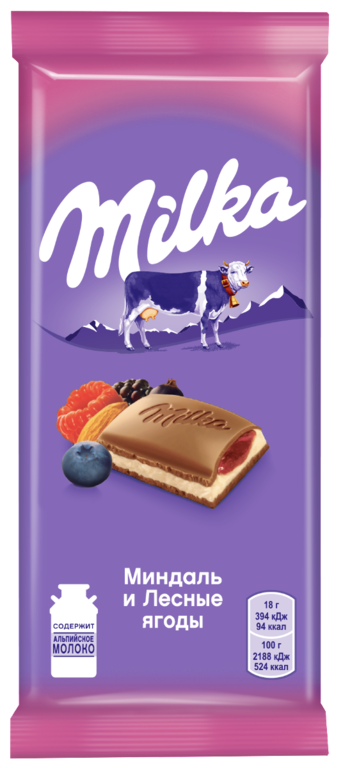 Шоколад молочный «Milka» с двухслойной начинкой «Миндаль и лесные ягоды», 90 г