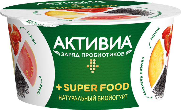 Йогурт «Активиа» Super Food с персиком, гуавой, ягодами годжи и семенами базилика, 140 г