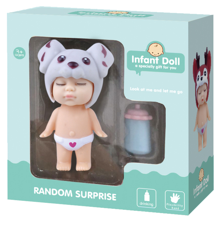 Куколка-сюрприз в съемной шапочке зверька, с бутылочкой, 8 см (видео)