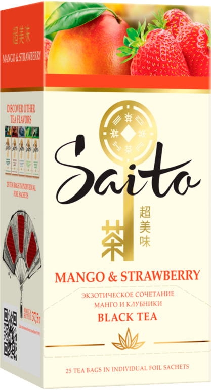 Чай черный «Saito» с манго, персиком и ароматом клубники, 25 пакетиков