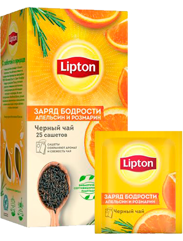 Чай черный «Lipton» Заряд бодрости с апельсином и листьями розмарина, 25 пакетиков