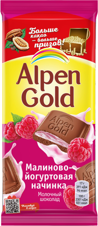 Молочный шоколад «Alpen Gold» с малиново-йогуртовой начинкой, 85 г