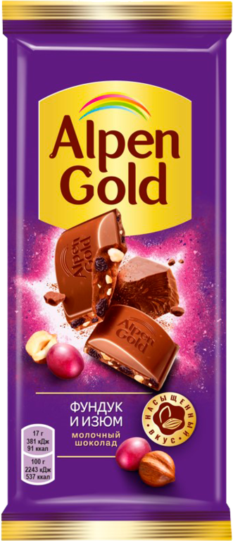 Молочный шоколад «Alpen Gold» фундук и изюм, 85 г
