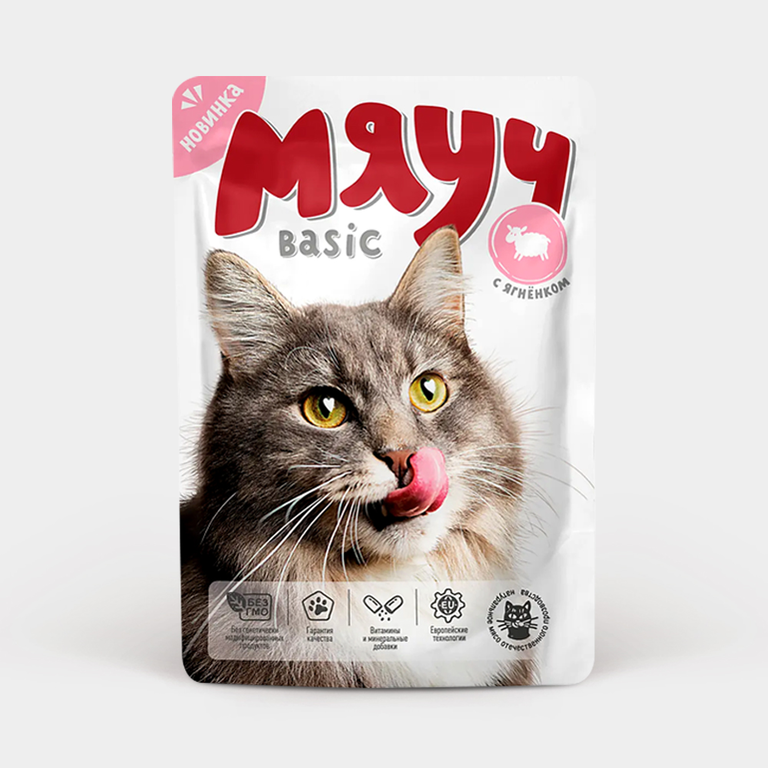 Влажный корм для кошек «Мяуч Basic» кусочки в соусе с мясом ягненка, 85 г