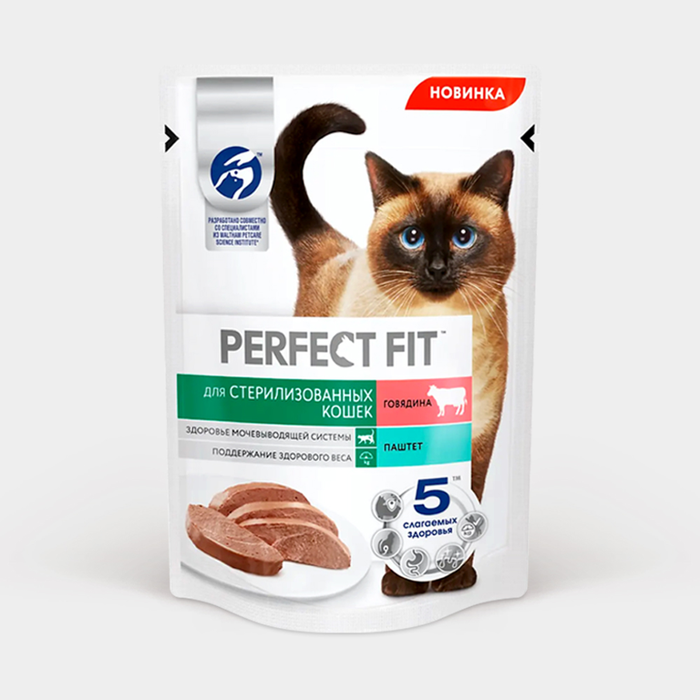 Влажный корм «Perfect Fit» для стерилизованных кошек паштет с говядиной, 75 г