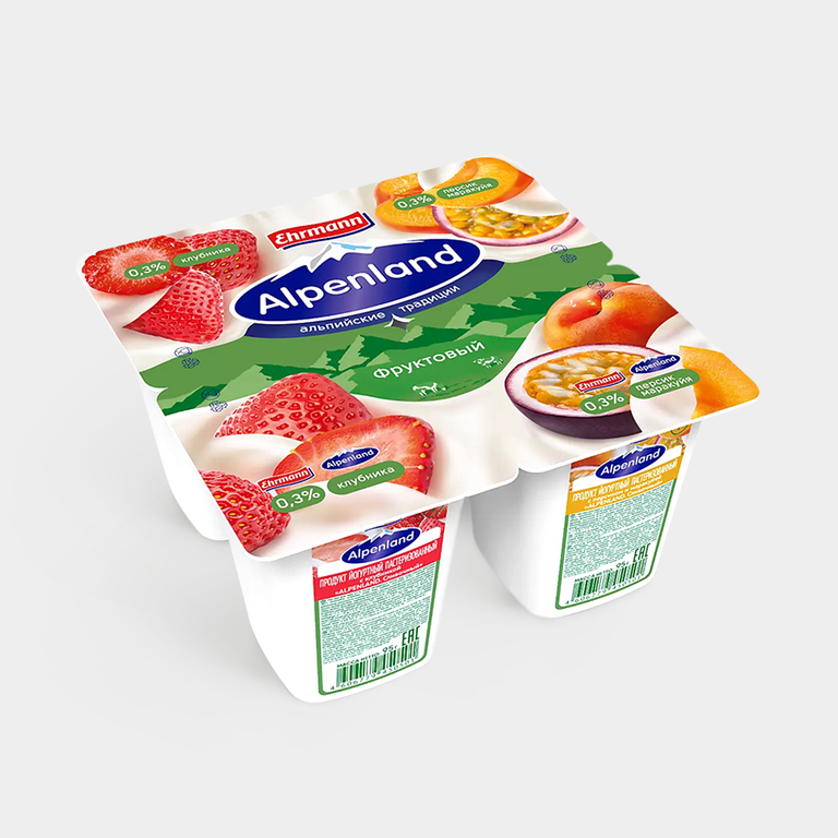Йогуртный продукт 0.3% «Ehrmann» Alpenland Клубника/персик-маракуйя, 95 г