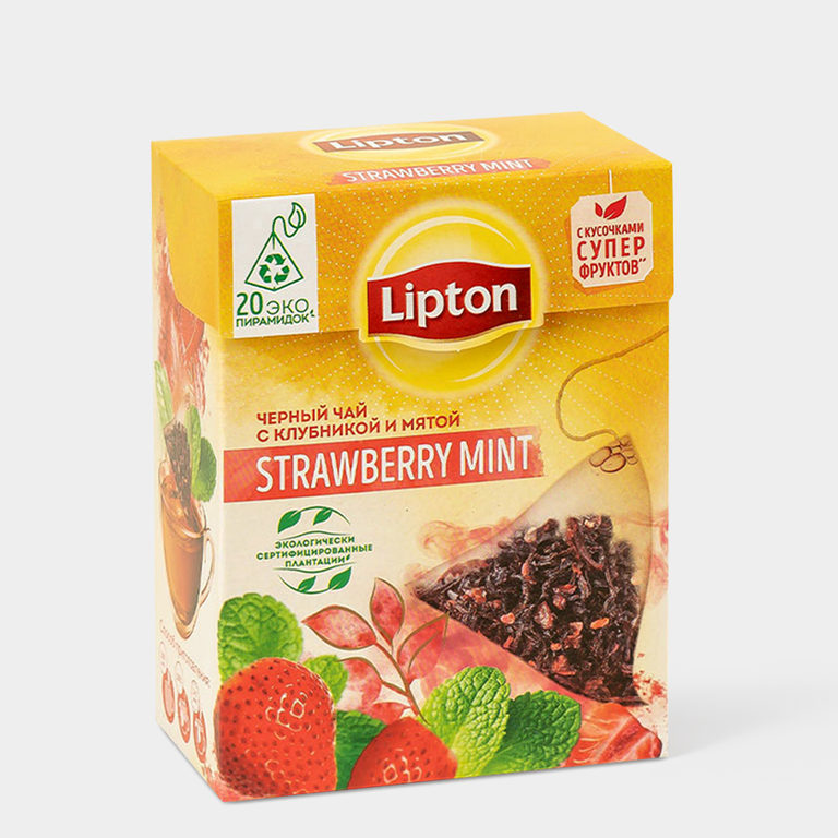 Черный чай «Lipton» Strawberry mint с клубникой и мятой, 20 пирамидок