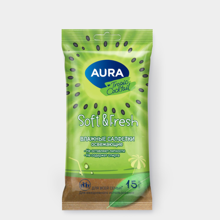Влажные салфетки «Aura» Tropic Cocktail с антибактериальном эффектом, 15 шт