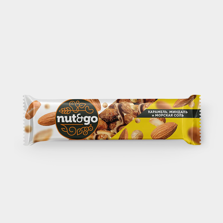 Батончик «Nut&Go» с миндалем, карамелью, нугой и орехами, 34 г